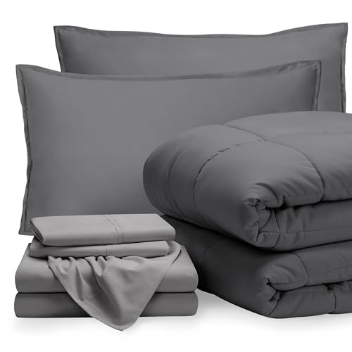 Bare Home Bed-in-A-Bag 7 Piece Comforter & Sheet Set - Queen - Goose Down Alternative - Ultra-Soft 1800 Premium Bedding Set (Queen, Grey/Light Grey)