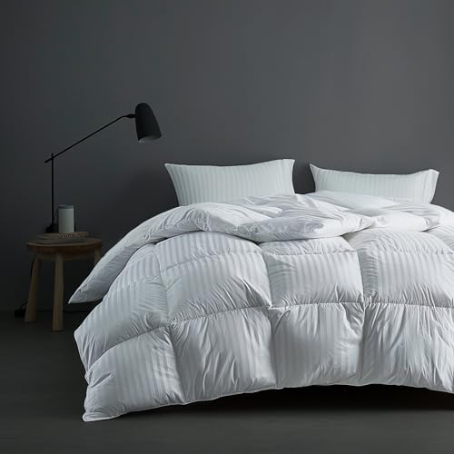 Hotel Grand Luxury White Down Comforter King Size, 600 Fill Power All Season Down Duvet Insert King, 500 Thread Count 100% Cotton Hotel Bedding Comforter with Stripe Pattern, Made in USA 106x90 Inch