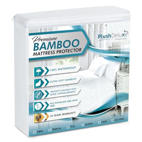 PlushDeluxe Bamboo Waterproof Mattress Protector, Queen Size, Ultra Soft