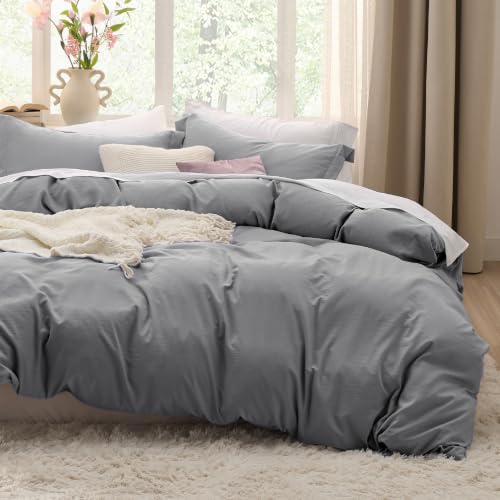 Bedsure Prewashed Duvet Cover Queen, Cotton-Like Soft Bedding Set, Grey