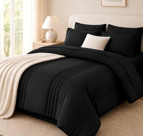 Velorose Queen Comforter Set Black, 7 Pieces Bed in a Bag Queen Size, — Build quality and design details up close