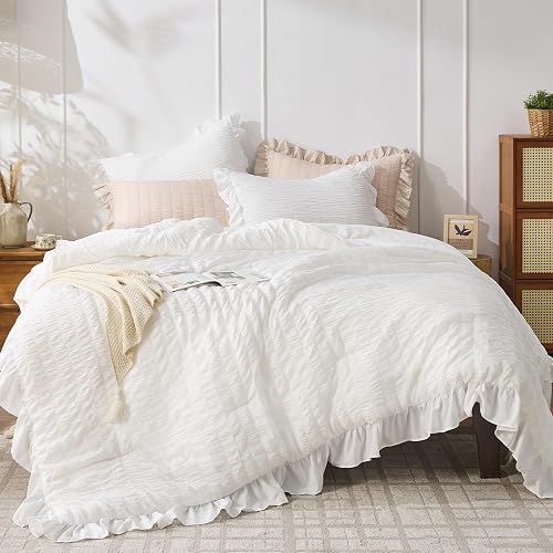 JOLLYVOGUE White Comforters Queen Size, 3 Pieces Ruffle Seersucker Que — Our recommended configuration for best results