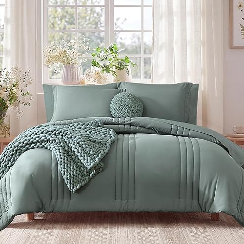 Monbix Queen Comforter Set - 7 Pieces Sage Green Bed in a Bag Queen Be — Build quality and design details up close