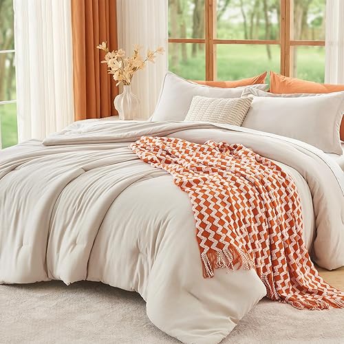 MUXHOMO Queen Size Comforter Set Beige, 3 Piece Solid Bedding for All — Our recommended configuration for best results
